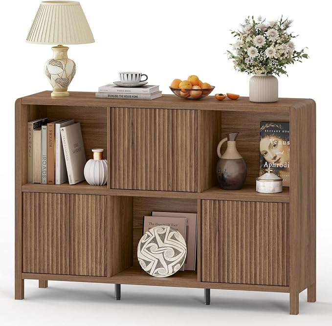 FATORRI 6 Horizontal Bookcase with 3 Doors, Low Farmhouse Cube Storage Organizer, Wood Bookshelf for Home Office, Bedroom, Living Room (Walnut)