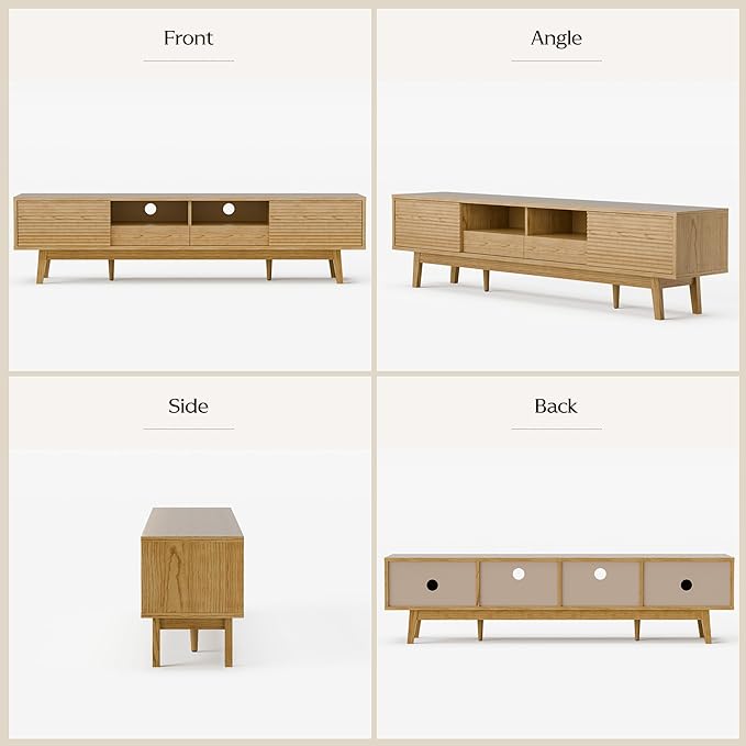 TOLEAD 70" TV Console, Mid Century Modern Media Console for 55/65/75 Inch TV, Low Profile TV Stand with Fluted Sliding Doors, Boho Light Wood Credenza for Living Room, Oak