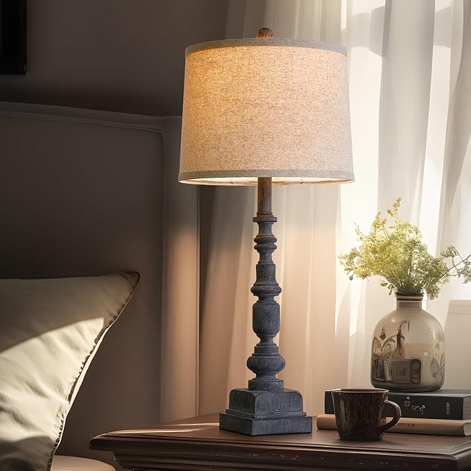 Oneach 27.75" Farmhouse Table Lamps Set of 2, USB A+C, Rustic Tall Table Lamp for Living Room, Traditional Rustic Lamps Bedside Lamps for Bedroom Office End Table, Antique Grey