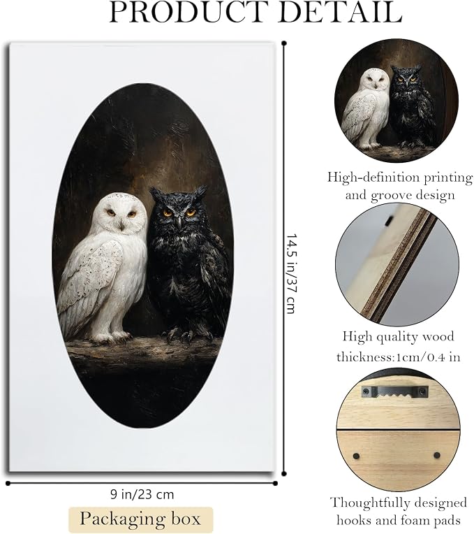 UYIKG Vintage Gothic Owl Oval Wall Art, Rustic Farmhouse Cottagecore Dark Owl Oval Wall Decor, Farmhouse Country Wooden Framed Decor for Home Bedroom Living Room 9x14.6 in