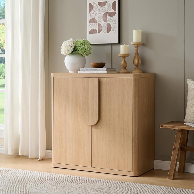 34.5'' Sideboard Buffet Cabinet W/Storage, Modern Accent Cabinets W/Curved Handles & Adjustable Shelves, 2 Doors Coffee Bar Buffet Table Credenza for Living Room Kitchen Hallway, Natural Oak