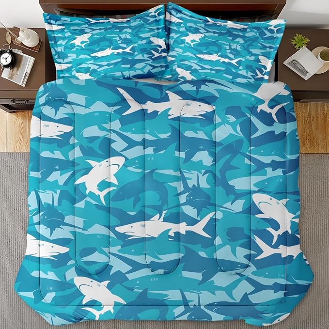 Blue Shark Fish Queen Comforter Set, Ocean Surf Camouflage Bedding Set 3 Piece, All Season Soft Toddlers Children Adults Bedroom Bed Decoration Comforter and 2 Pillow Shams