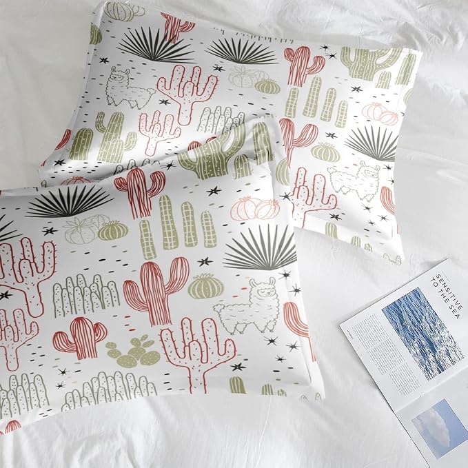 Pamnest Twin Size Bed Sheet Sets, Mexican Vintage Ivory Soft Microfiber 3 Pcs Bedding Sets for Kids and Adults Bedroom Bed Decor, Cactus Flower Floral Flat, Fitted Sheet and Pillowcases