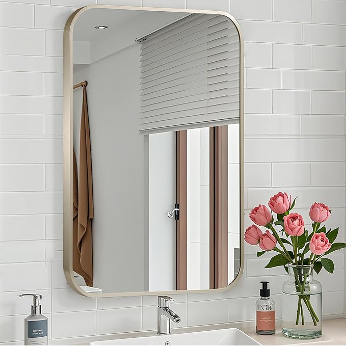 Brushed Nickel Mirror, 24x36 Inch Brushed Nickel Rectangle Mirror, Aluminum Alloy Framed Vanity Mirror, Rounded Rectangle Bathroom Mirror for Over Sink, Anti-Rust
