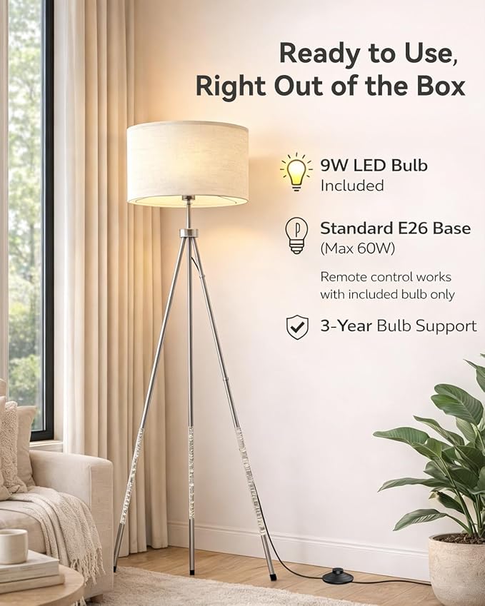JOOFO Modern Metal Tripod Floor Lamp with Remote Control Tall Standing Decorative Corner Lamp with Oversized Linen Fabric Shade, Foot Switch for Living Room Bedroom Reading Nook Decor, Satin Nickel