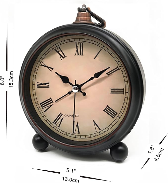 TooTa Vintage Retro Analog Alarm Clock, 4 inch Super Silent Non Ticking Small Clock with Night Light, Battery Operated, Simply Design, for Living Room, Bedroom, Bedside, Desk, Gift Clock (Roman)
