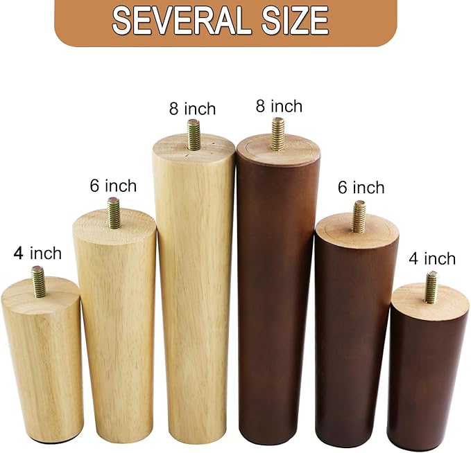 6 Inches Round Solid Wood Furniture Legs Set of 4, Brown Wooden Replacement Feet with Threaded 5/16'' Hanger Bolts for Sofa, Couch, Armchair, Cabinet, TV Stand, Ottoman and Dresser
