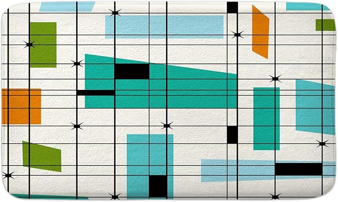 DYNH Mid Century Kitchen Bath Rug, Aesthetic Abstract Geometric Teal Retro Grid Starbursts Minimalist Bath Mat Rug for Kitchen Bathroom,19X31IN