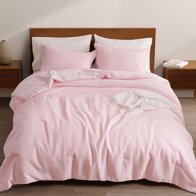 PHF Ultra Soft Waffle Weave Comforter Set King Size, 3 Pieces Lightweight Breathable Comfy Bedding Set, Comfy Textured 1 Comforter with 2 Pillow Shams, Pink