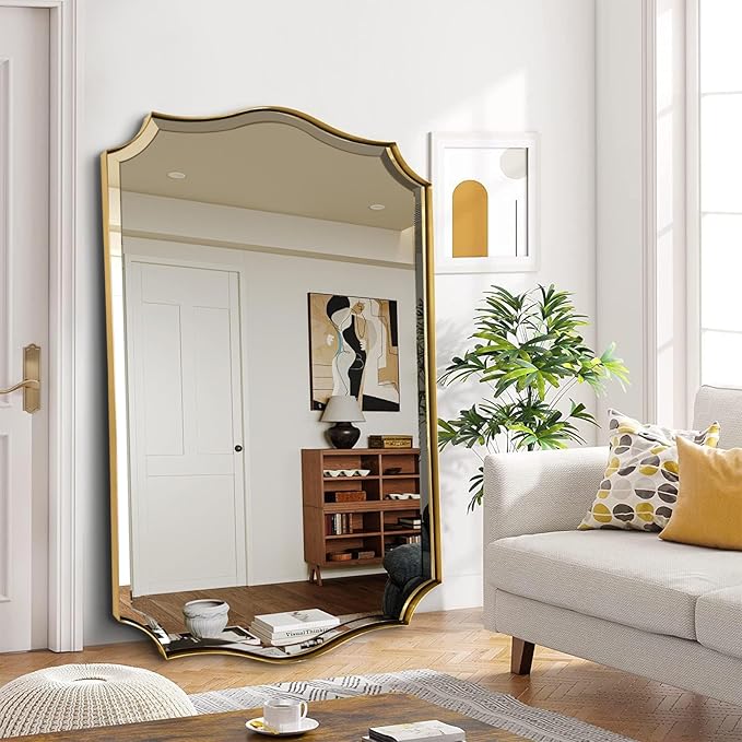 POZINO Scalloped Beveled Mirror, 30"x48" Brushed Gold Rectangle Bathroom Mirrors, Brass Wavy Vanity Mirrors for Wall, Modern Large Irregular Shaped Mirror for Living Room Bedroom Fireplace Entryway