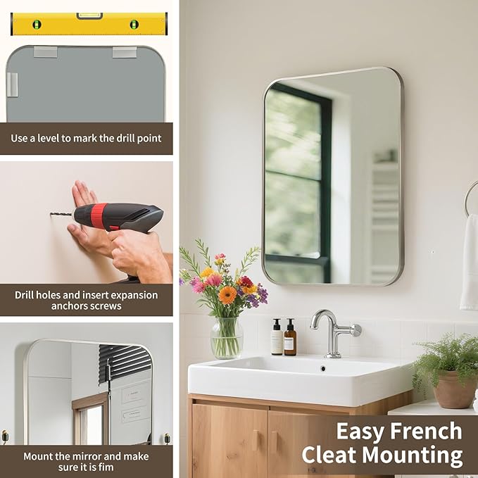 Brushed Nickel Mirror, 22x30 Inch Brushed Nickel Rectangle Mirror, Aluminum Alloy Framed Vanity Mirror, Rounded Rectangle Bathroom Mirror for Over Sink, Anti-Rust