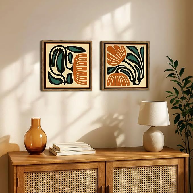 Mid Century Floral Wall Art Set of 2, Modern Square Abstract Botanical Wall Decor Picture, Vintage Boho Eclectic Plant Canvas Prints Paintings for Bedroom Living Room 16x16 inch Wood Framed