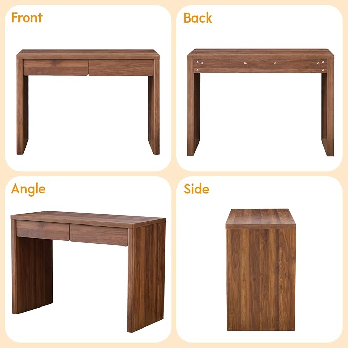 43 Inch Small Computer Desk with 2 Drawers, Mid Century Modern Writing Study Table for Home Office, Vintage PC Work Desk with Storage for Bedroom Small Spaces, Easy Assembly, MDF - Walnut