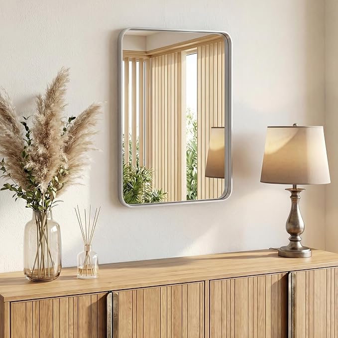 NEWBULIG 22X30 Inch Bathroom Mirror for Over Sink, Wall Vanity Mirrors Tempered Glass, Anti-Rust Metal Framed Rounded Rectangle, Hangs Horizontally or Vertically, Farmhouse Home Decor, Silvery
