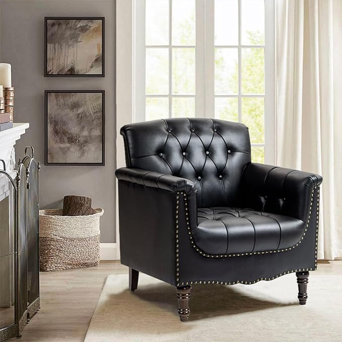 Pia Ricco Faux Leather Armchair Set of 2, Modern Accent Chairs with Nailhead Trim and Solid Wood Legs, Upholstered Comfort for Living Room, Office, Bedroom - Black
