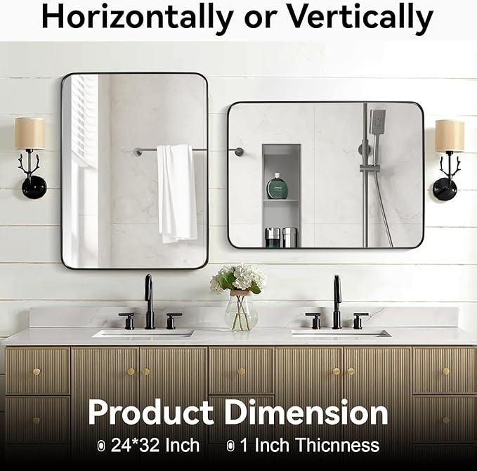 Black Bathroom Mirror 24X32 Inch Rounded Rectangle Wall Mirror Stainless Steel Metal Frame Vanity Mirror Anti-Rust for Entryway, Bathroom, Vanity, Living Room Hangs Vertically or Horizontally