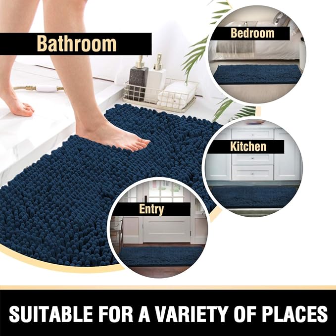 H.VERSAILTEX Bath Mat Non Slip Luxury Chenille Bathroom Runner Rug 47x17 Extra Soft Absorbent Shaggy Rug Washable Dry Fast Area Carpet Mat - Navy