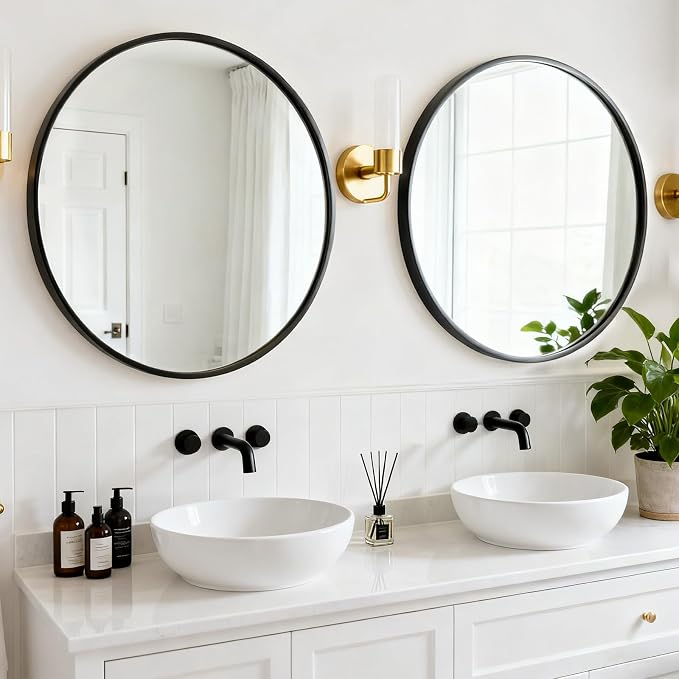 Round Wall Mirror 30 Inch Black Vanity Mirror with Metal Frame, Modern Circle for Bathroom, Entryway, Bedroom, Living Room, Wall Mounted Decorative Mirrors