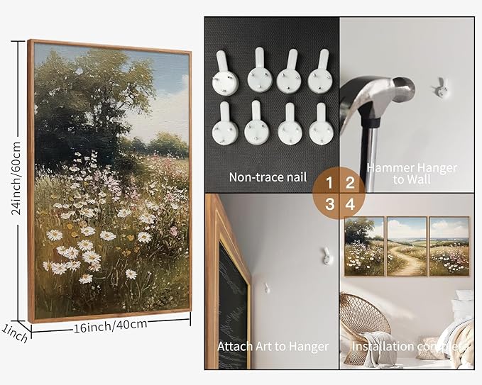 Rantodecor Rustic French Country Framed Canvas Wall Art, Vintage Flower Field Wall Decor, Calming Nature Landscape Art Paintings, Modern Wildflower Artwork for Farmhouse Bedroom Living Room 16"x24"x3