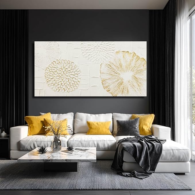 VAYIMDH White Wall Art Floral Paintings Hand Drawn Wall Decor Gold Arts Pictures 29"x58" Artwork for Living Room Dinning Room