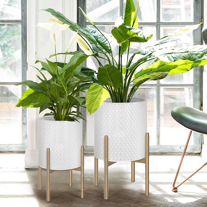Oakrain Planters for Indoor Plants, Set of 2 Modern Planter with Stand, Decorative Metal Planter Pots for Living Room, Office, Garden, Balcony, 8"&10", Off-White