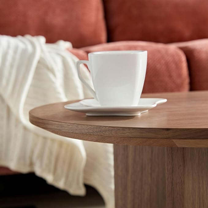 SSLine Mid-Century 39.37" Oval Coffee Table with Pedestal Base Walnut Wood Grain Top Cocktail Center Table for Living Room Bedroom