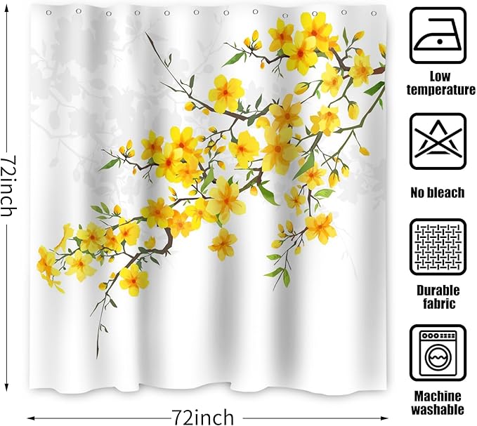 Yellow Floral Shower Curtain, Spring Flower Blossom Plant Botanical Waterproof Machine Washable with Hooks for Bathroom Bathtub 72x72