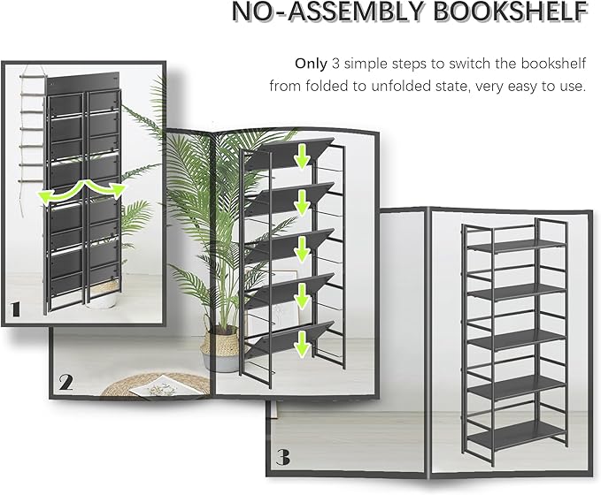 4NM No Assembly 5 Tiers Collapsible Book Shelves, 51.2" H Folding Bookshelf Bookcase Open Industrial Foldable Shelves for Bedroom, Living Room, Home Office - All Black