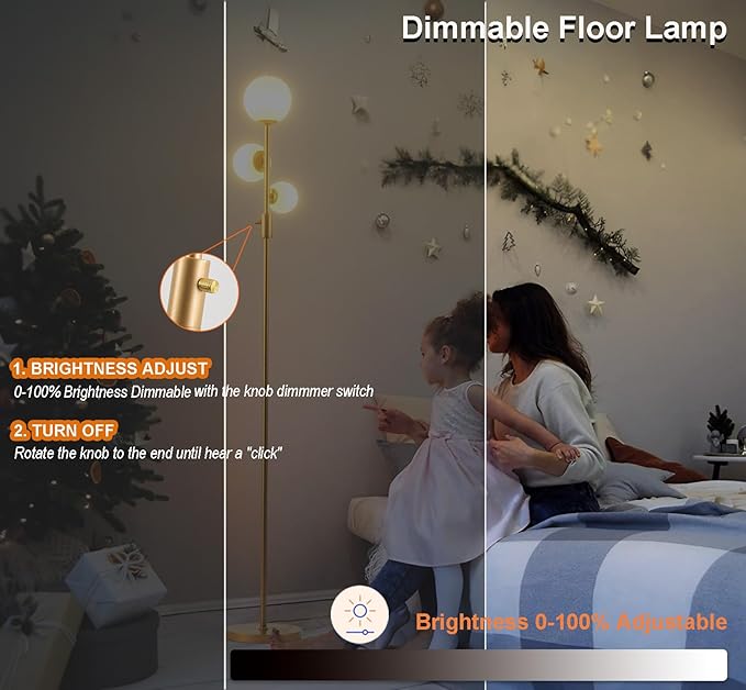 Fiqevs Upgrade Dimmable Floor Lamp, 3 Globe Mid Century Gold Modern Floor Lamps for Living Room with Orb Frosted Glass Shade and 3 LED Bulbs, Standing Tall Lamp for Bedrooms, Office - Antique Brass