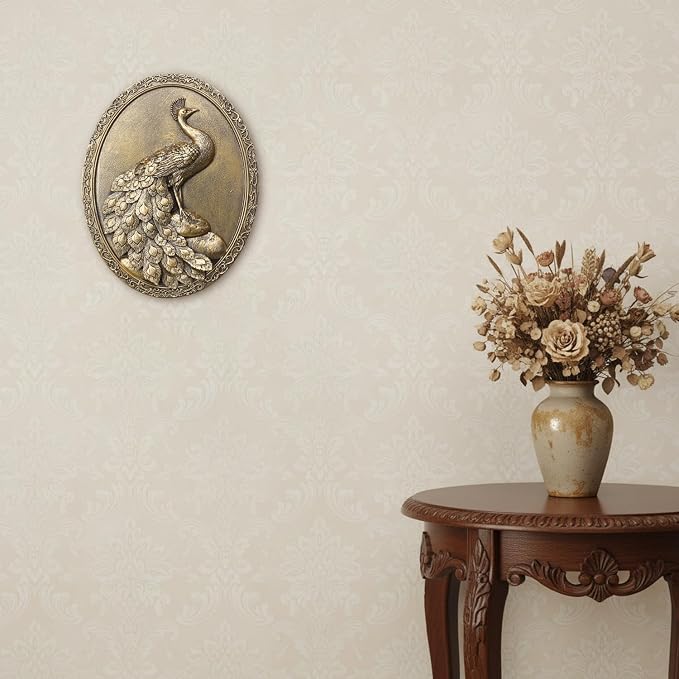 Newinhome Vintage Peacock Wall Sculpture Antique Wall Decor, Hand Painted Wall Decoration with Embossed Peacock Design, Gold Decor for Bedroom Living Room Hallway, Housewarming Gift