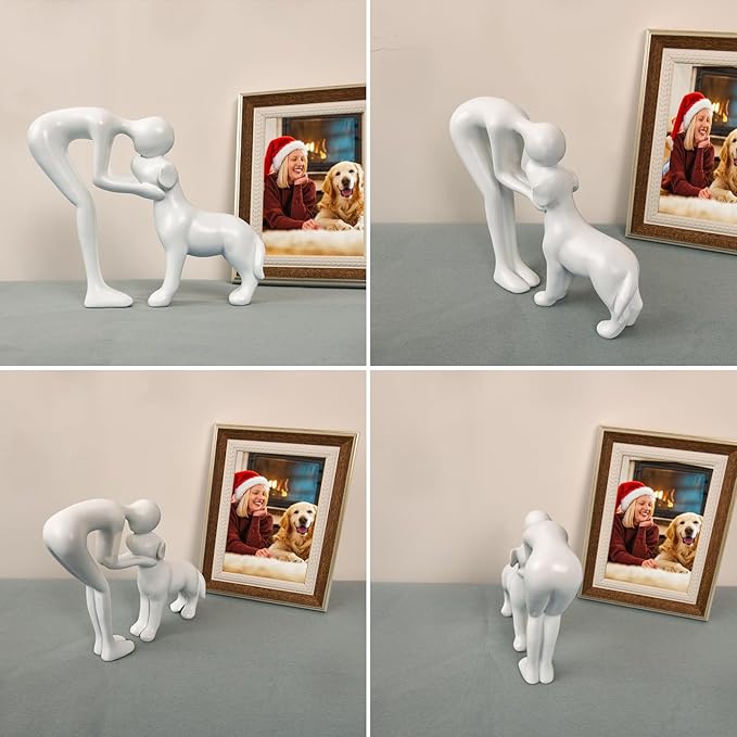 Dog Sculpture Home Decor Cute Man and Dog Statue Decoration for Office、Living Room、Bedroom、Home, Memory Gifts for Pet Lovers (White)