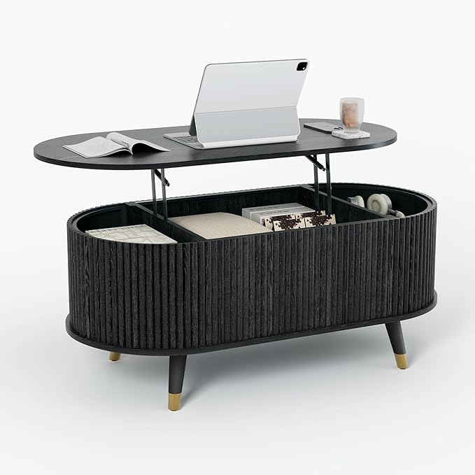 42.5" Oval Lift Top Coffee Table with Storage, Mid Century Modern Black Center Table with Fluted Panel, Solid Wood Legs & Hidden Compartment for Living Room