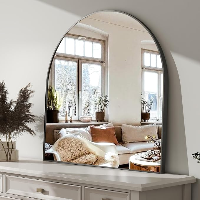 HARRITPURE 26"x28" Arched Bathroom Mirror, Wall Mounted Mirror, Black Arch Mirror, Aluminum Alloy Frame Wall Mirror for Living Room, Bedroom and Entryway
