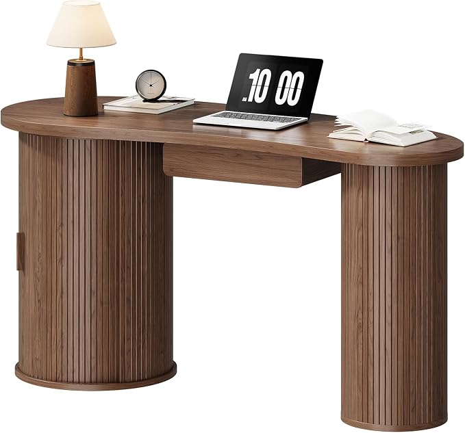 ONBRILL 59 Inches Fluted Office Desk with Storage, Bean-Shaped Computer Desk with Drawer, Mid-Century Modern Curved Corner Desk with Sliding Door for Work and Study,Walnut