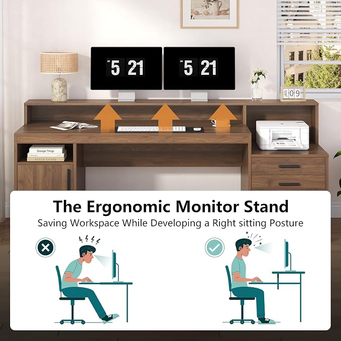 YOMILUVE Computer Desk with 3 Drawers & Storage Shelves, 65 Inch Home Office Desk with File Drawer & Cabinet, Writing Study Desks with Monitor Stand & Printer Shelf, Executive Desk, Brown