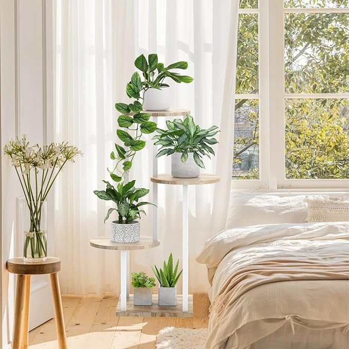 4 Tier White Metal Wooden Tall Plant Stand Indoor Shelf Flower Pot Holder for Multiple Plants, Corner Display Rack for Living Room Balcony Patio Garden