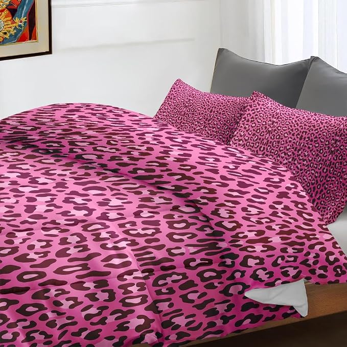 Comforter Set with 2 Pillowcases Queen Size, Pink Leopard Cheetah Print, Bed Decor Wildlife Animal Skin for Kids and Adults, Soft Cozy Bedroom Bedding Set