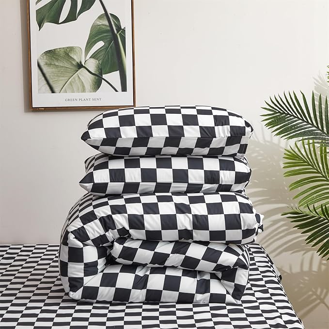 Pureant Black White Plaid Comforter Set California King Black Checkerboard Grid Bedding Comforter Black and White Grid Quilts Cal King Soft Black Buffalo Grid Comforter Checkered Geomertic Bed