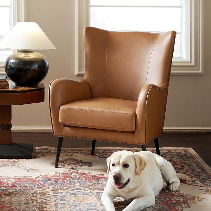 HULALA HOME Faux Leather Accent Chair with Removable Cushion, Comfy Upholstered Armchair with Black Metal Legs & Nailhead Trim Wingback Vanity Chair for Reading Living Room Bedroom, Camel