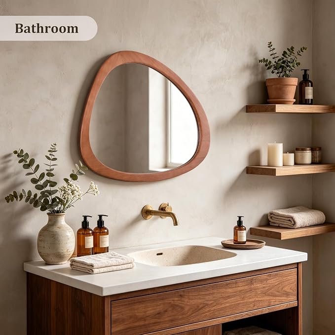 HOMECOOKIN 23.5" H x 19" W Asymmetrical Mirror, Irregular Wooden Wall Mirror for Bedroom, Living Room,Entryway– Mid-Century Modern Decorative Mirror, Solid Wood Frame, Pebble Shaped Design (Walnut)
