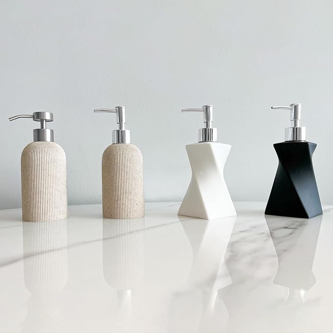 Modern White Hand Soap Dispenser with Silver Pump for Bathroom Countertop, Dish Soap Dispenser for Kitchen Sink, Contemporary Art Style, Matte Finish, 8.5oz (Arctic White)