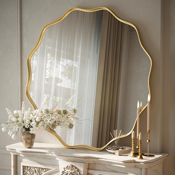 VooBang Gold Scalloped Circle Mirror, 36" Wavy Edge Round Wall Mirror with Tempered Glass Textured Circular Metal Deep Frame, Hanging Leaning for Bathroom, Hallway, Entryway, Livng Room