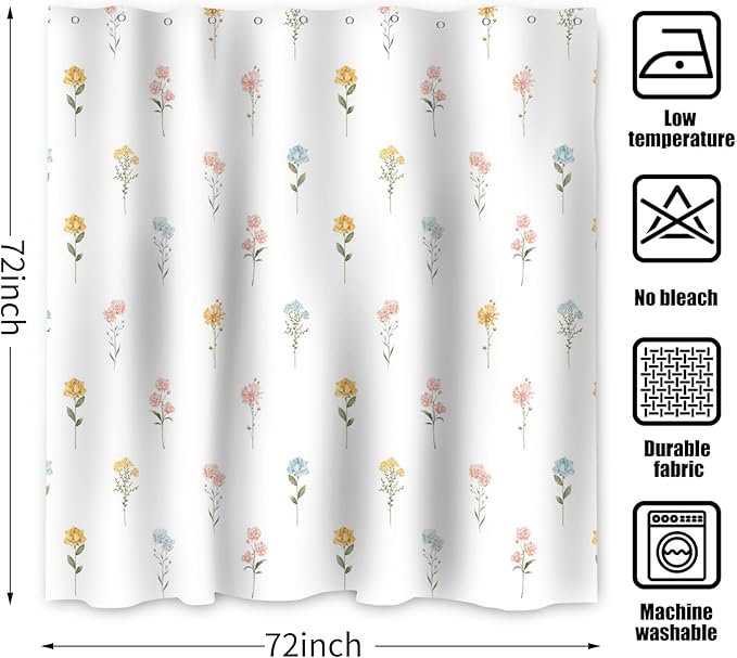 Floral Shower Curtain, Wildflower Botanical Plant Leaves Cute Flower Spring Herbs Elegant Waterproof Fabric Machine Washable for Bathroom Bathtub Decor with Hooks 72x72