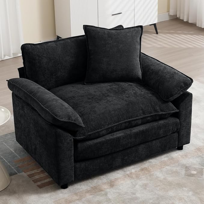 Modern Oversized Chair with Ottoman, Comfy Chenille Accent Chair Large Upholstered Armchair with Extra Thick and Deep Seat Lounge Chair for Living Room,Bedroom,Apartment,Black
