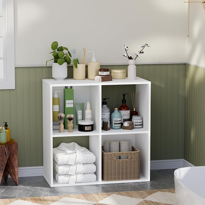 4 Cube Storage Organizer, Book Shelf Storage Shelves Bookcase with Open Back, Display Standing Shelf Freestanding Book Case for Bedroom, Living Room and Home Office (White, 4-Cube)