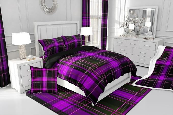 Erosebridal Geometric Plaid Grid Duvet Cover Queen Modern Checkered Tartan Bedding Set for Kids Teens Vintage Purple Black Comforter Cover Farmhouse Cabin Decor Bed Set, 2 Pillowcases