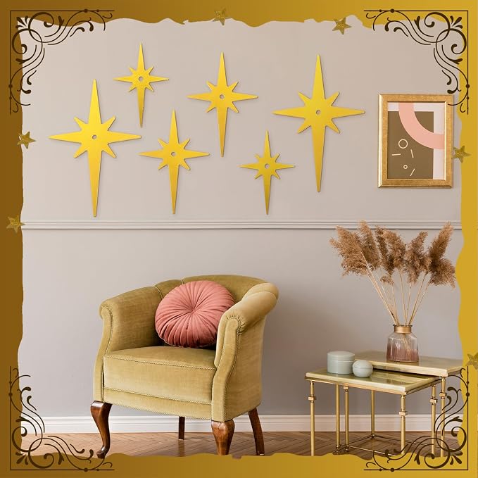 Yalikop 6 Pcs Mid Century Modern Starburst Wall Art Decor 8 Pointed Hangings Wooden Stars Whimsigoth Modern Retro Midcentury Wall Art for Home Bedroom Bathroom Office(Gold)