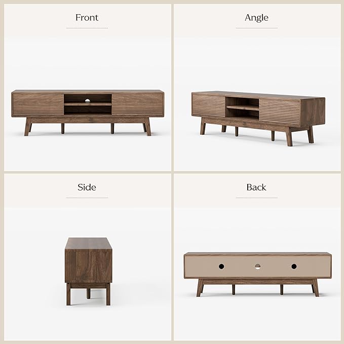TOLEAD 59" TV Stand, Mid Century Modern Television Stand for 43/55/65 inch TV, Low Profile TV Console with Fluted Sliding Doors, Boho Light Wood Credenza for Living Room, Walnut