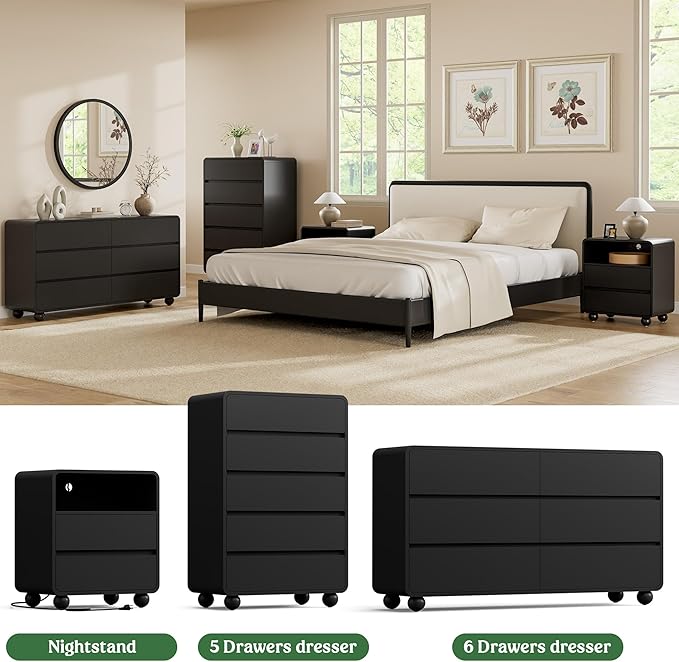 Lulive Wood Dresser for Bedroom, 53” Wide Chest of Drawers with 6 Drawers, Modern Closet Storage Drawer with Curved Profile Design for Living Room, Hallway, Entryway, Black