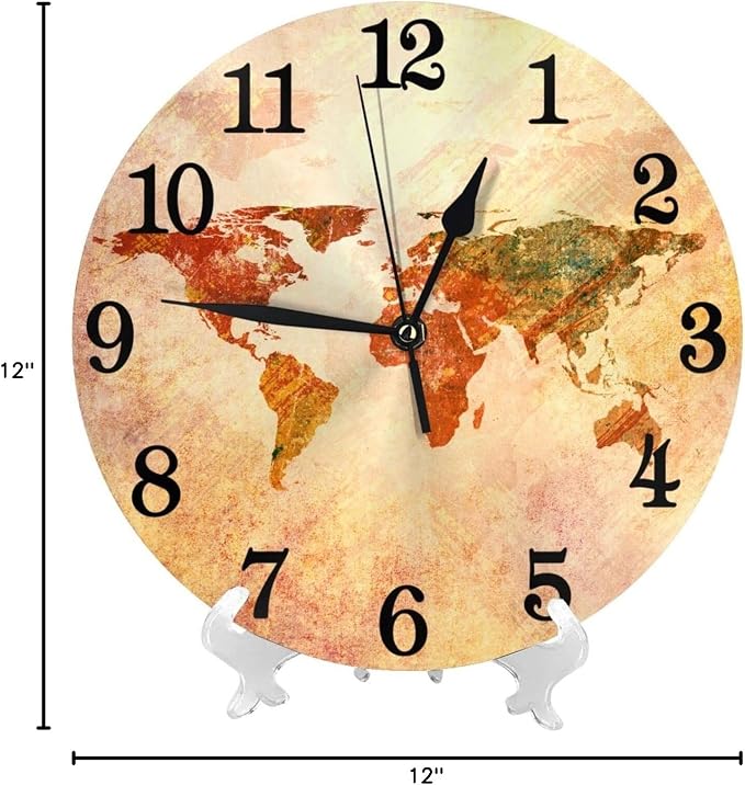 World Map Wall Clock Battery Operated Silent Round Clock Retro Style Wall Decor for Home Office School, 12 Inch